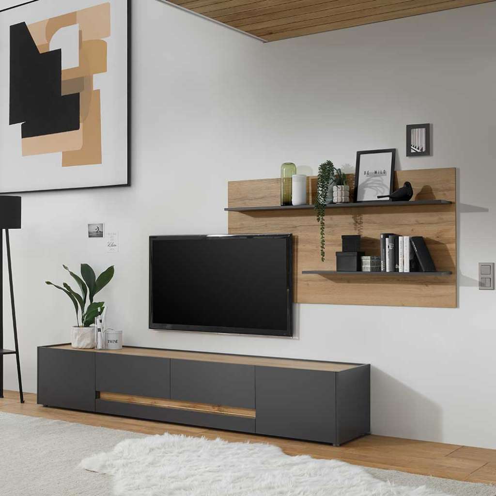 Schrankwand in Anthrazit und Wildeiche Optik modern (zweiteilig)