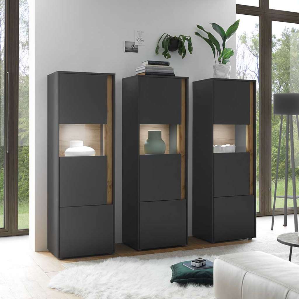 Design Wohnwand in Anthrazit und Wildeiche Optik modern (dreiteilig)
