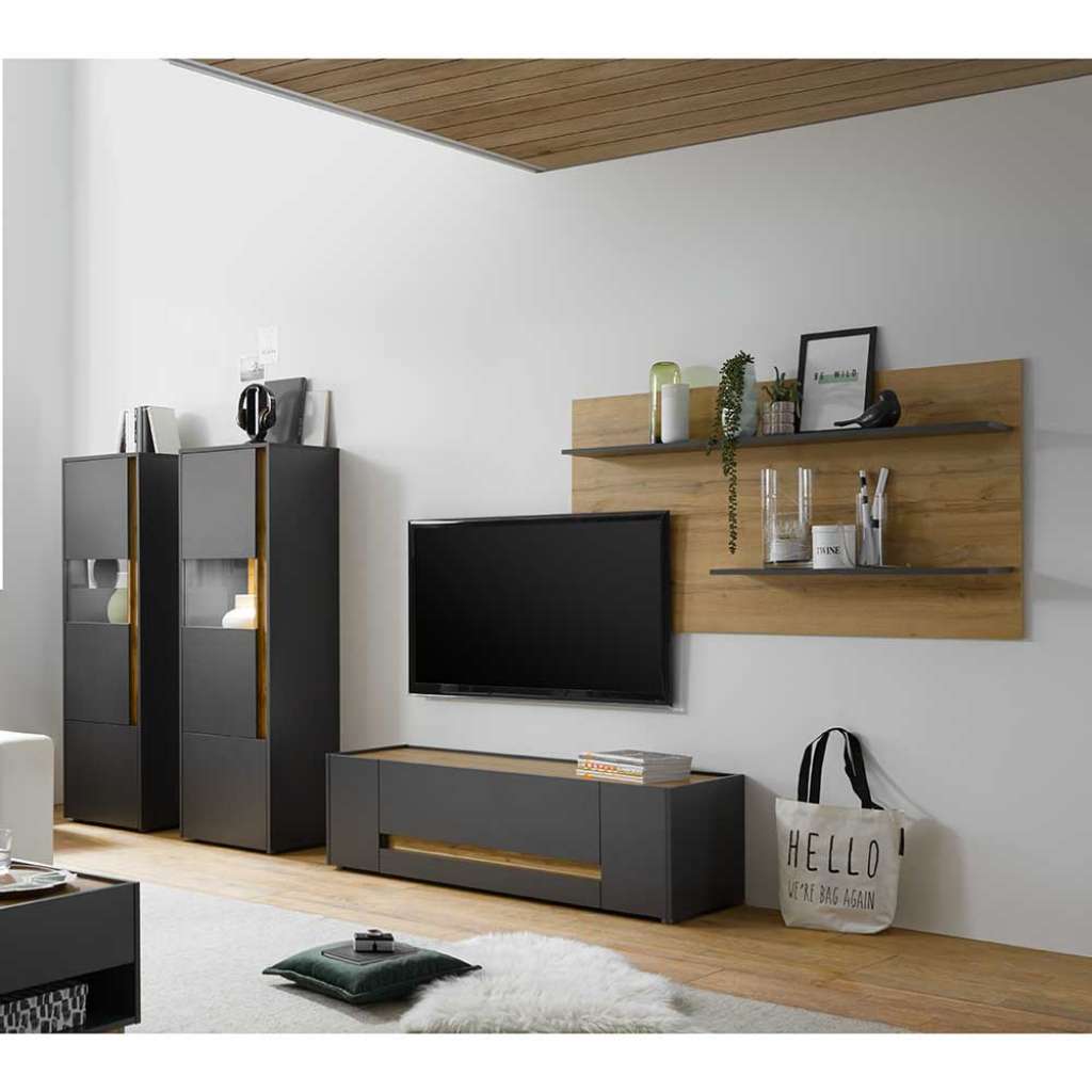 Wohnzimmer Schrankwand in Anthrazit und Wildeiche Optik 240 cm breit (vierteilig)