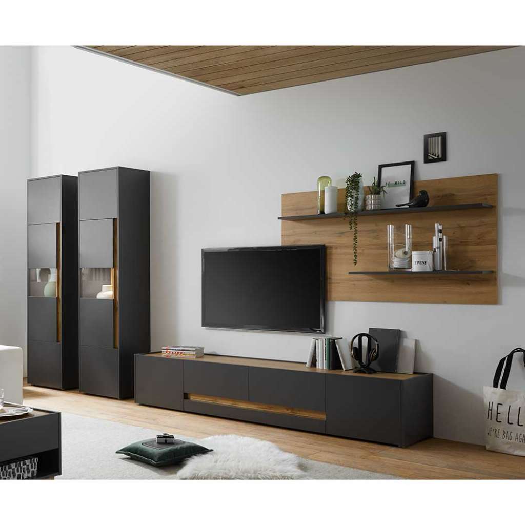 Moderne Wohnzimmerwand in Anthrazit und Wildeiche Optik 320 cm breit (vierteilig)