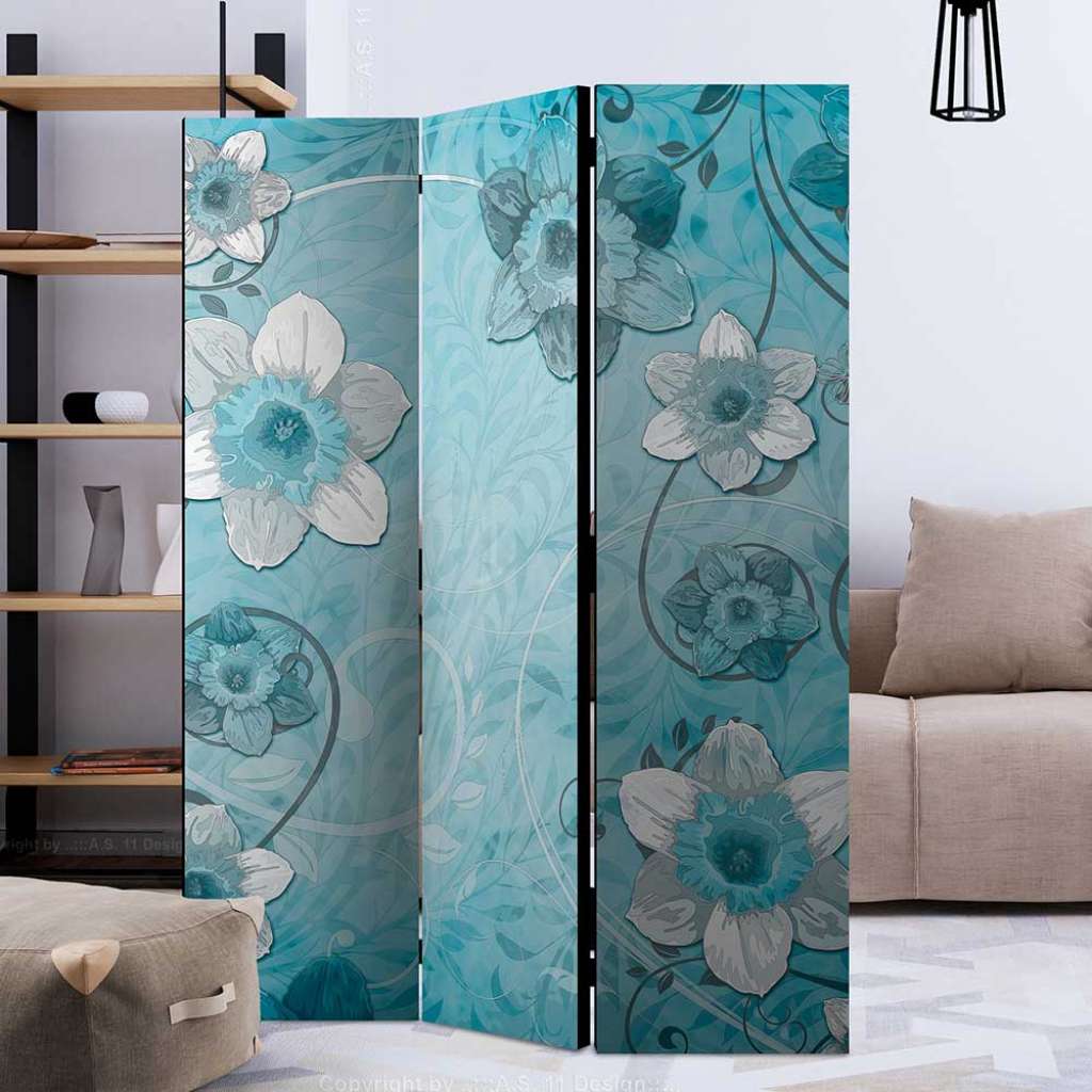 Trennwand Paravent mit Blumen Motiv Blau