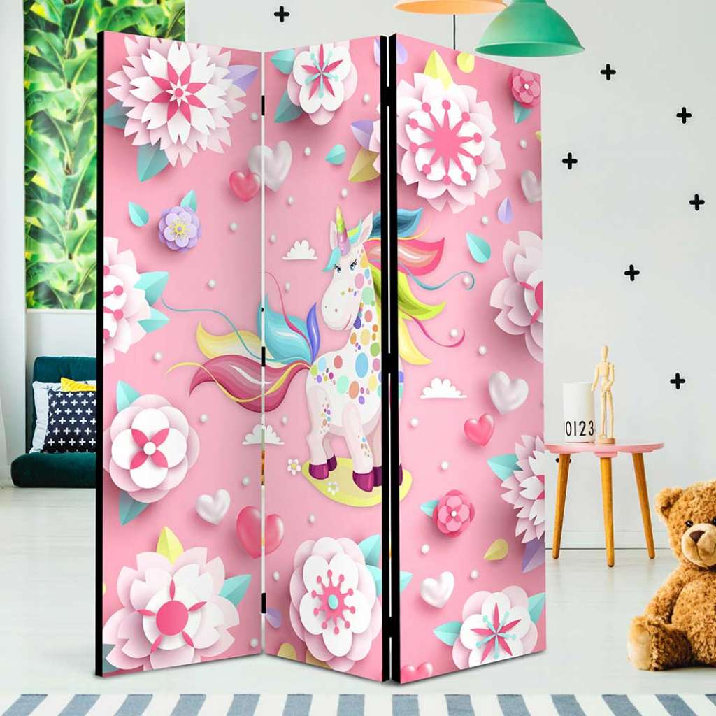 Kinder Paravent mit Einhorn Motiv Pink und Bunt
