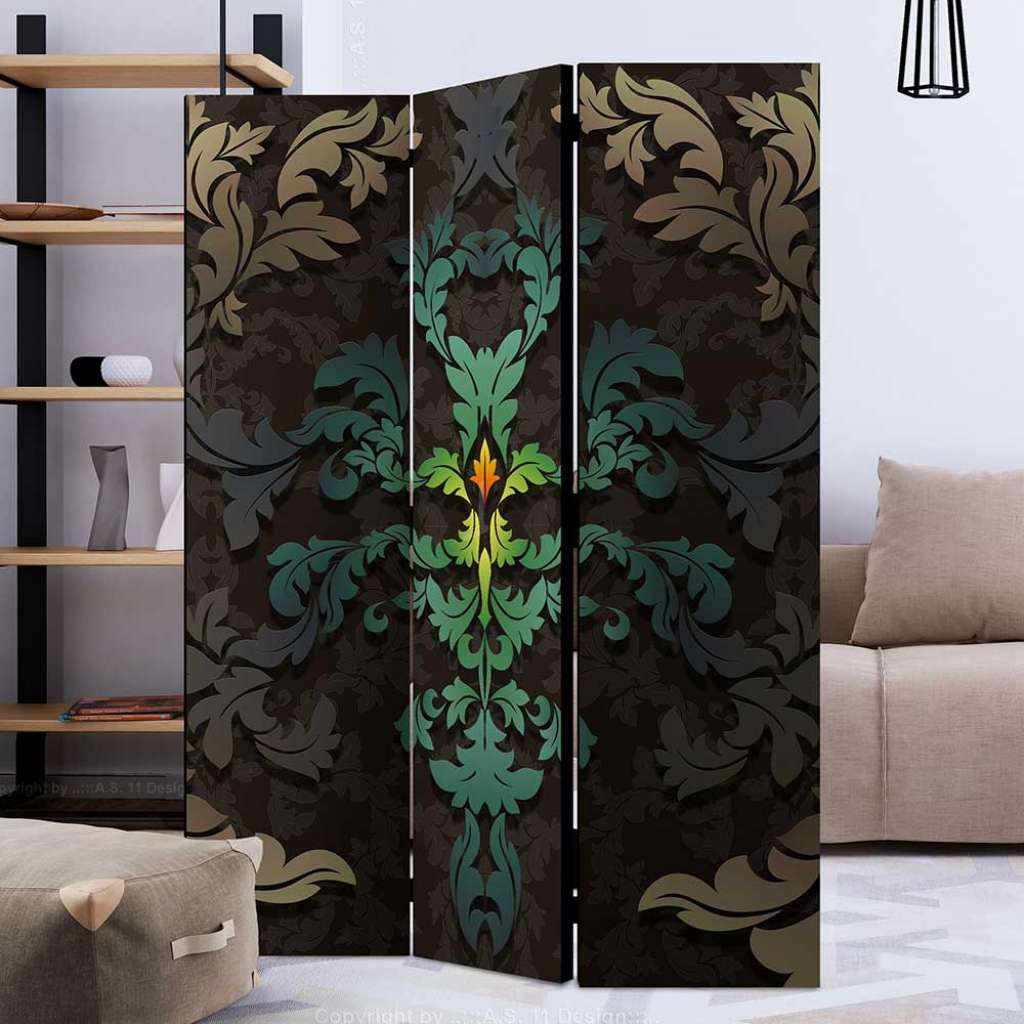 Raumteiler Trennwand mit floralem Blättermotiv Schwarz Bunt