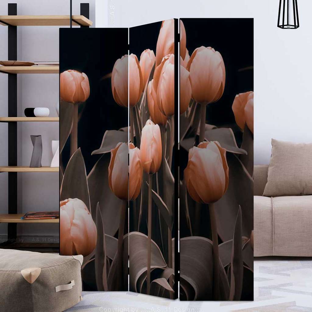 Paravent in Aprikot Grau Schwarz Tulpen Motiv