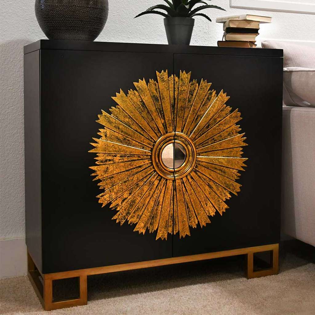 Design Kommode in Schwarz Sonnenmotiv in Altgold