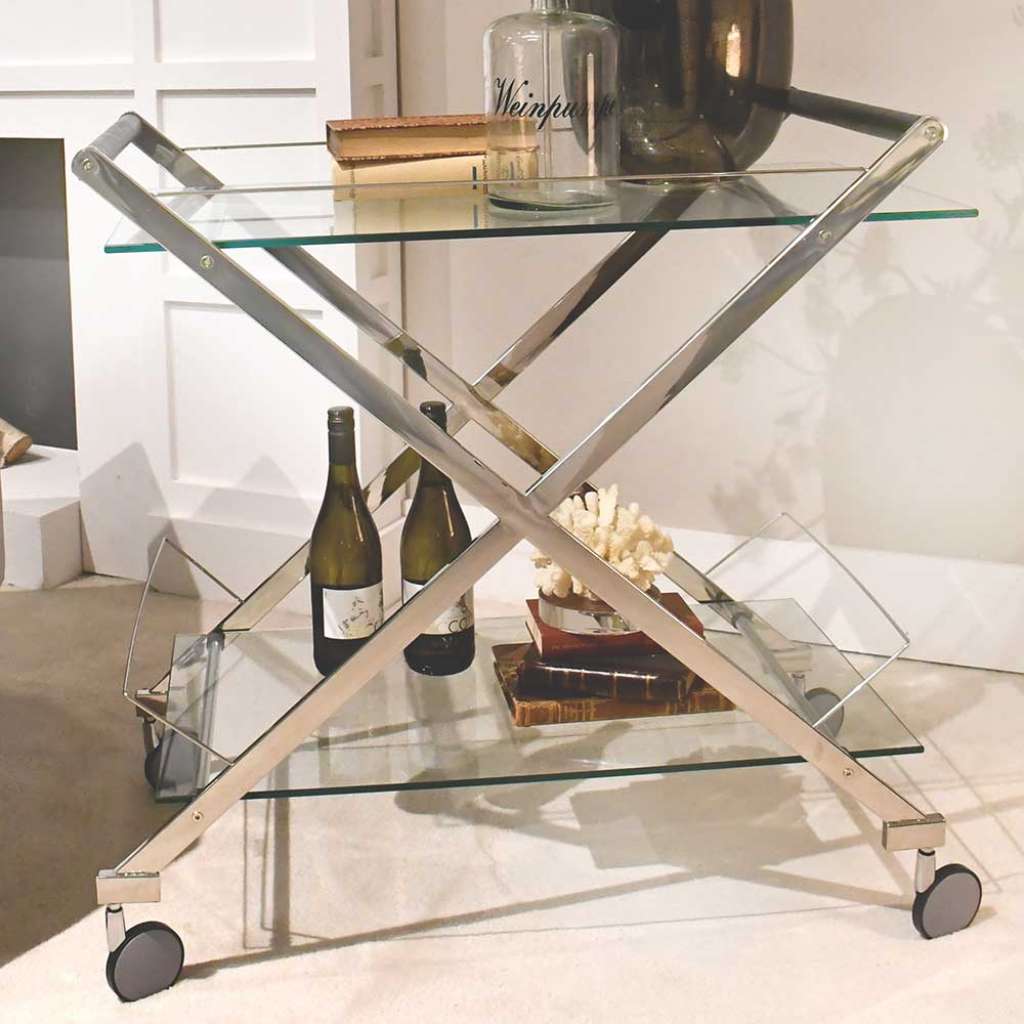 Moderner Servierwagen aus Glas und Edelstahl Chromfarben