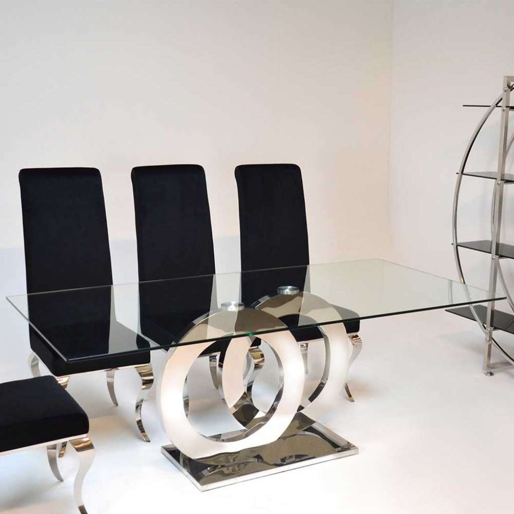 Moderner Esszimmer Tisch mit Glasplatte Edelstahl Gestell