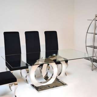 Moderner Esszimmer Tisch mit Glasplatte Edelstahl Gestell