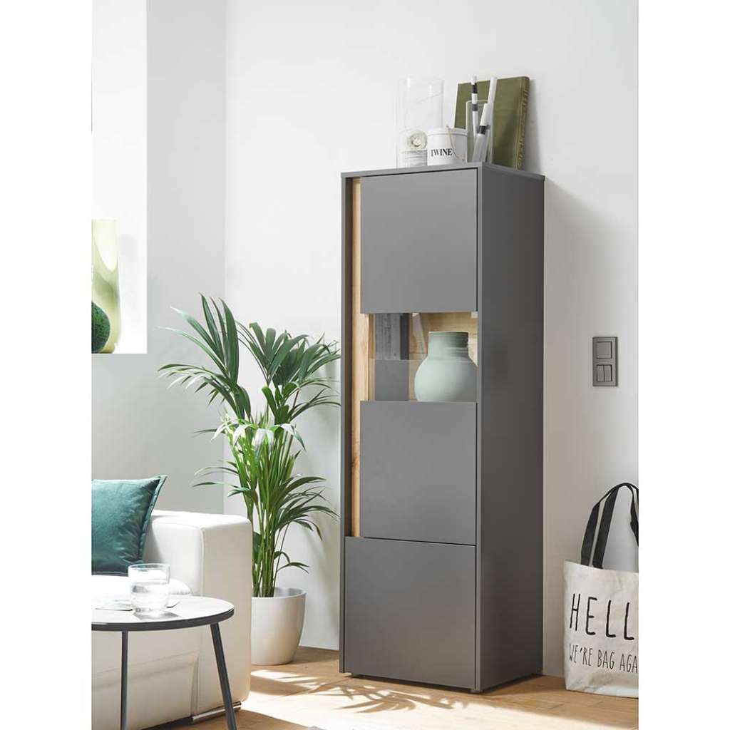 Moderne Vitrine in Anthrazit und Wildeiche Optik 155 cm hoch
