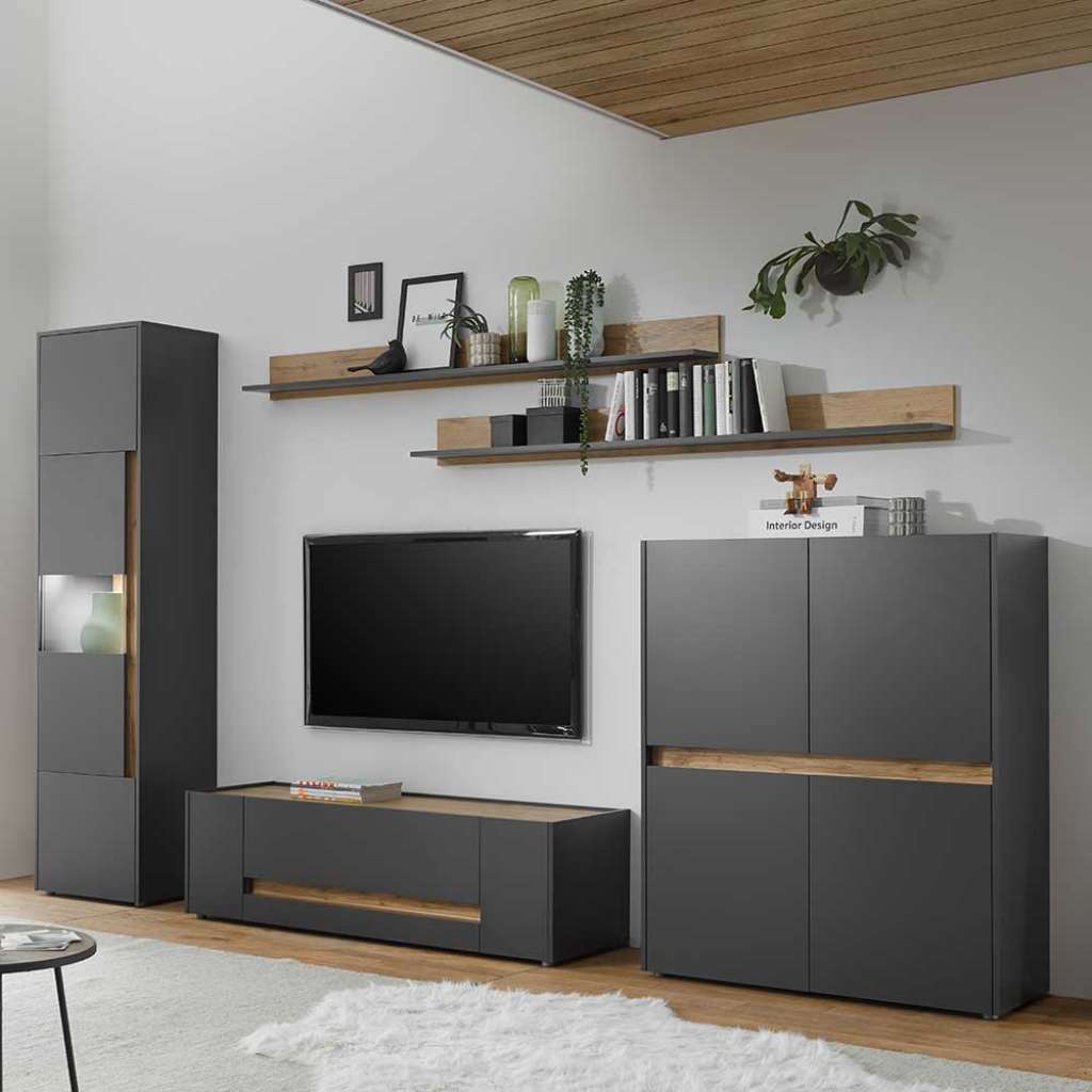 TV Wohnwand in Anthrazit und Wildeiche Optik 290 cm breit (fünfteilig)