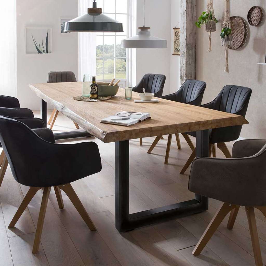 Baumkantentisch aus Teak Massivholz und Metall unikat