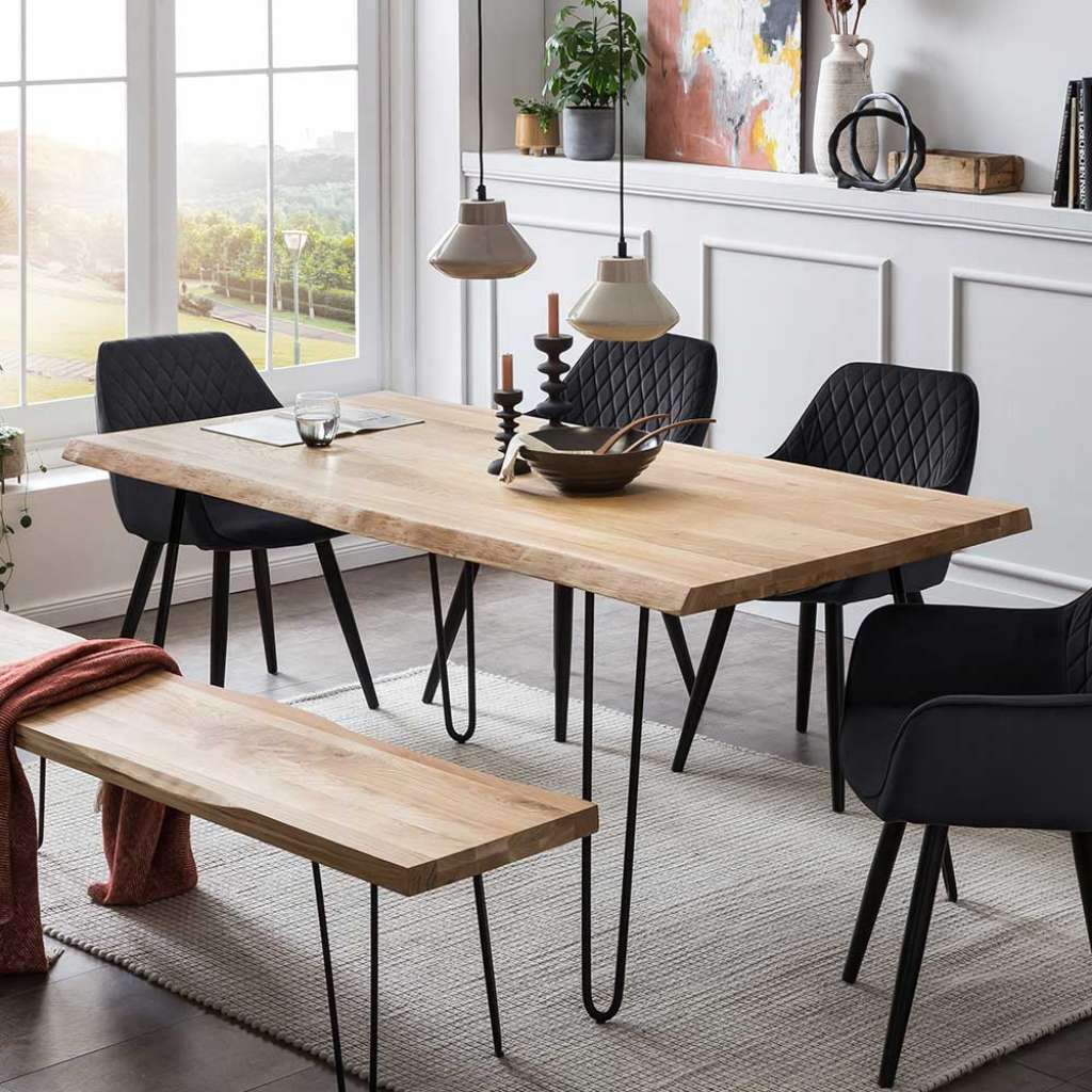 Holztisch massiv mit Hairpin Gestell Baumkante