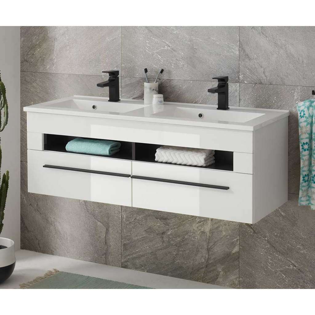 Waschbeckenschrank in Weiß Hochglanz Klappen