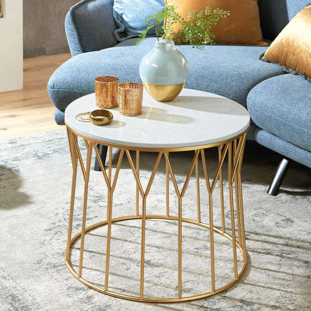 Sofatisch modern in Goldfarben und Weiß Marmorplatte