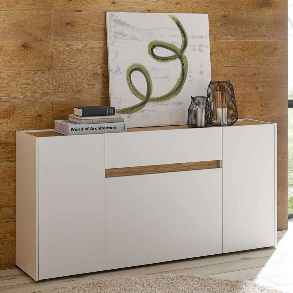 Modernes Sideboard in Weiß und Wildeiche Optik 4 Türen 1 Schublade