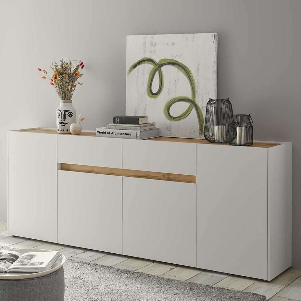 XL Sideboard in Weiß und Wildeiche Optik 4 türig