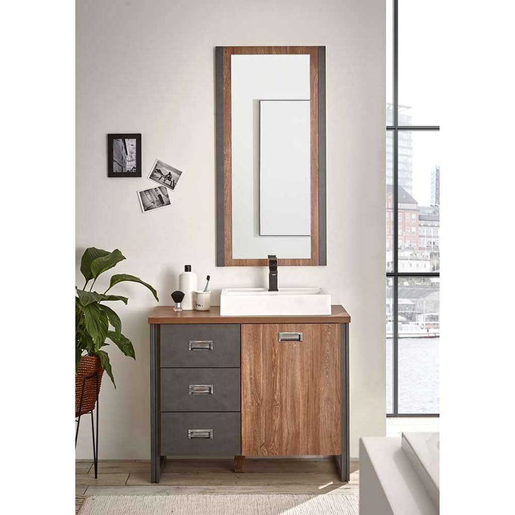Gäste WC Möbel in Eiche dunkel und Grau Aufsatzbecken (zweiteilig)