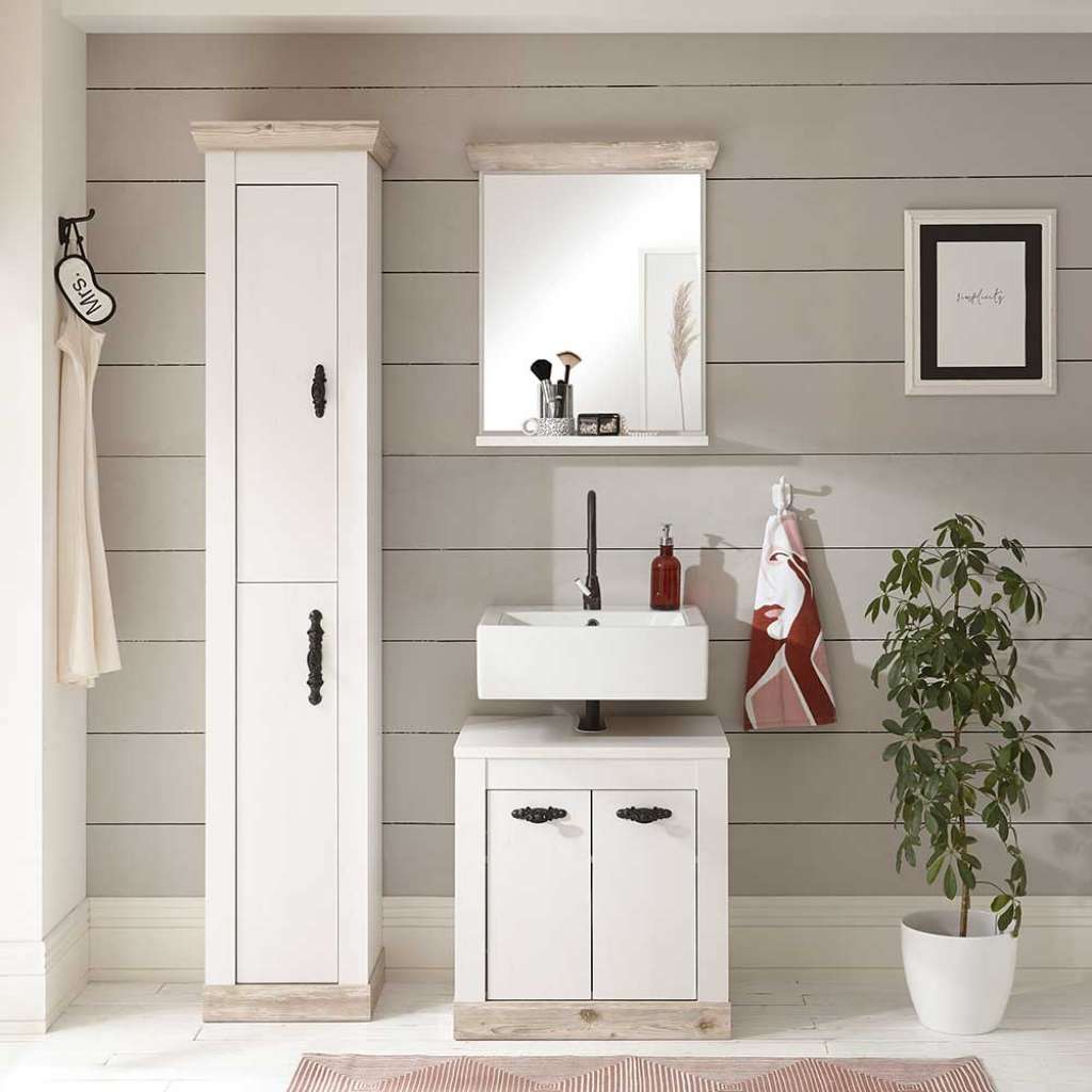 Badezimmermöbel in Weiß und Pinienfarben Landhausstil (dreiteilig)