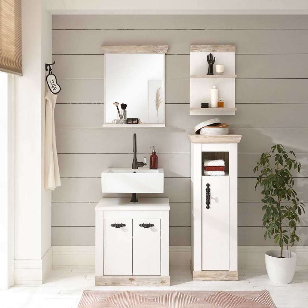 Badezimmermöbel in Weiß und Pinienfarben Landhausstil (vierteilig)