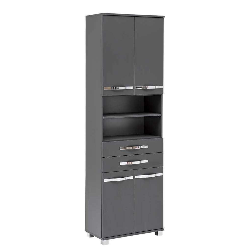 Badezimmerhochschrank in Anthrazit und Chrom 4 Türen 2 Schubladen