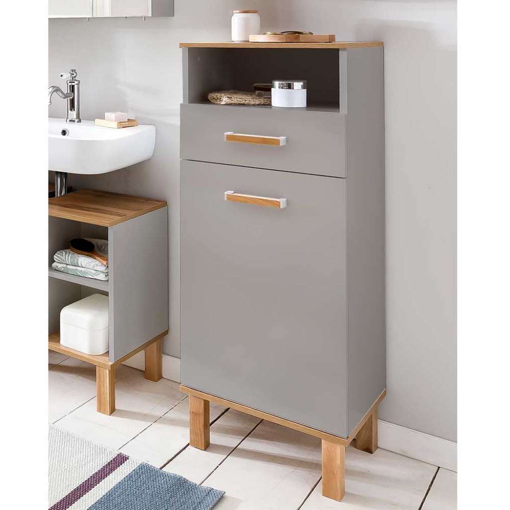 Bad Highboard in Platingrau und Eichefarben 1 Tür 1 Schublade