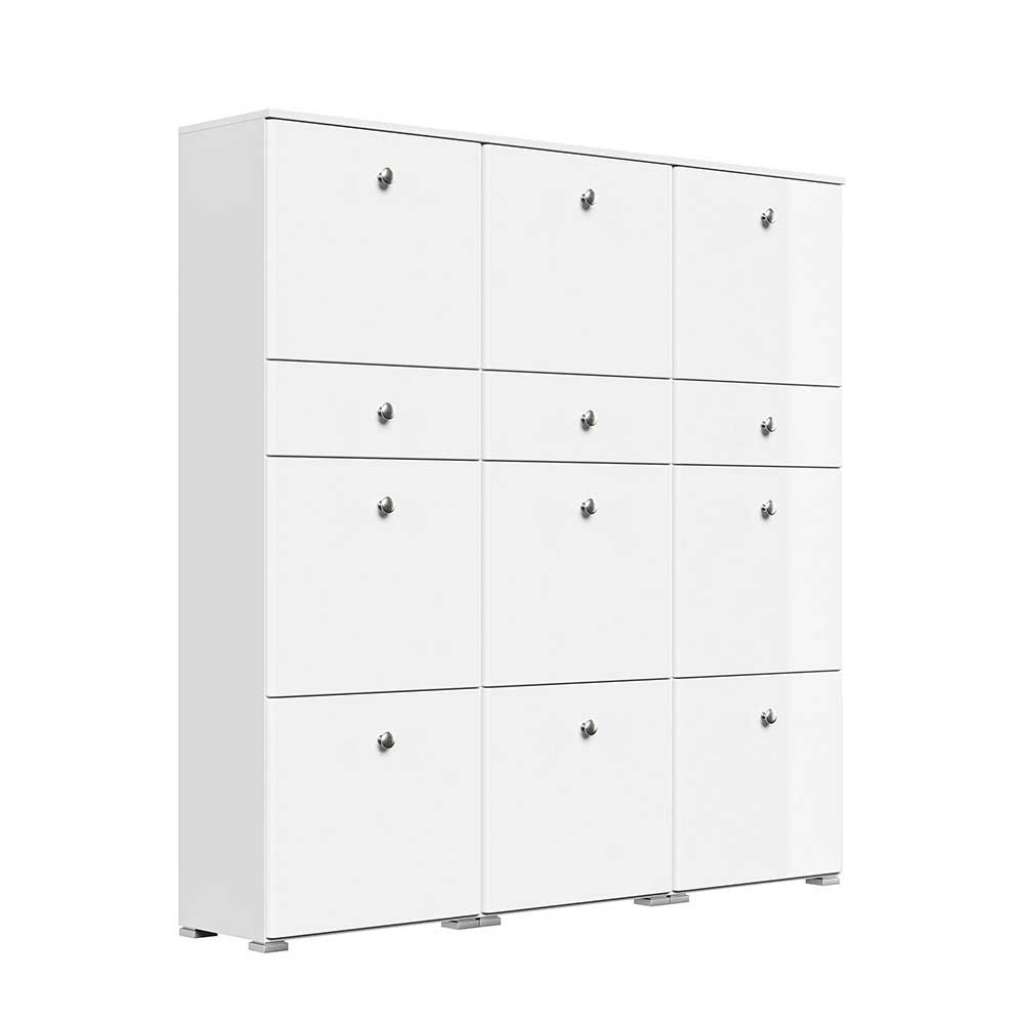 Luxus Schuhschrank in Weiß Hochglanz 9 Klappen 3 Schubladen