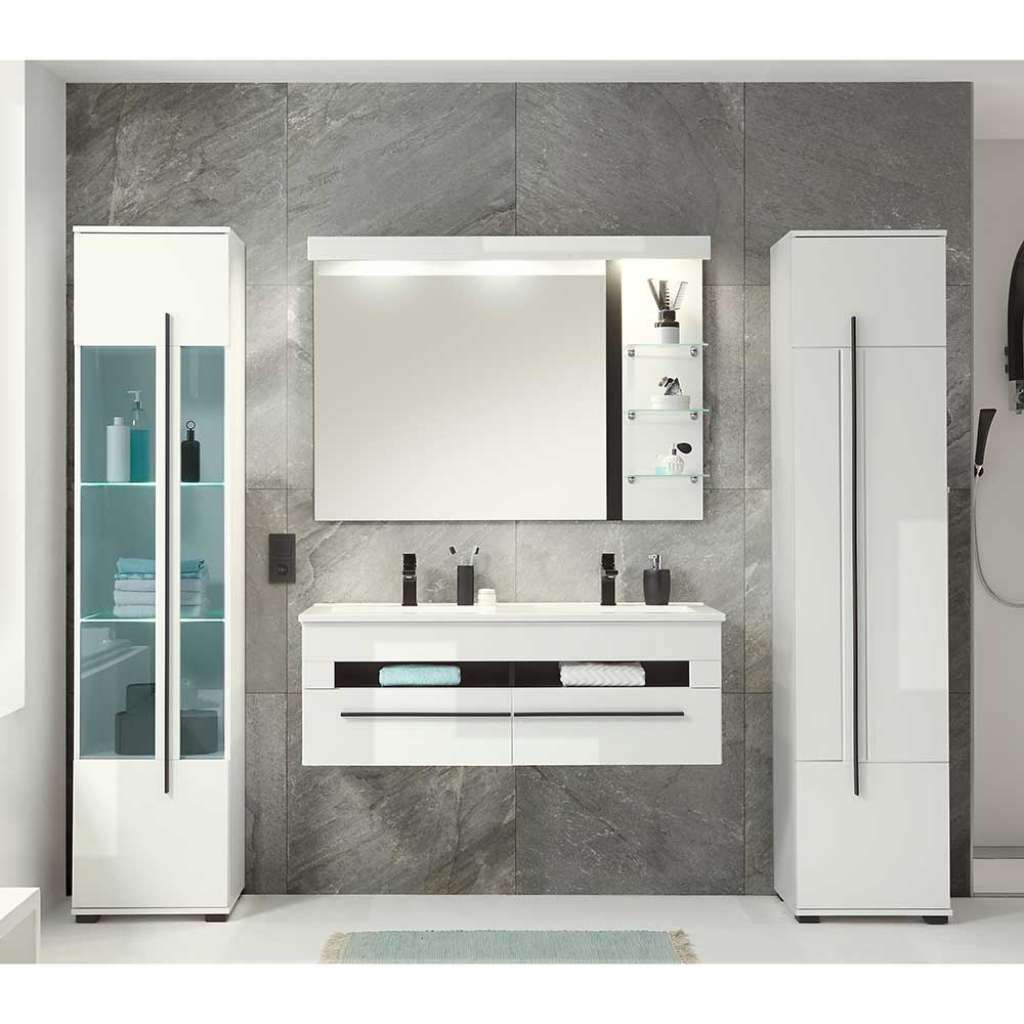 Badmöbel Set in Weiß Hochglanz Vitrinenschrank (vierteilig)
