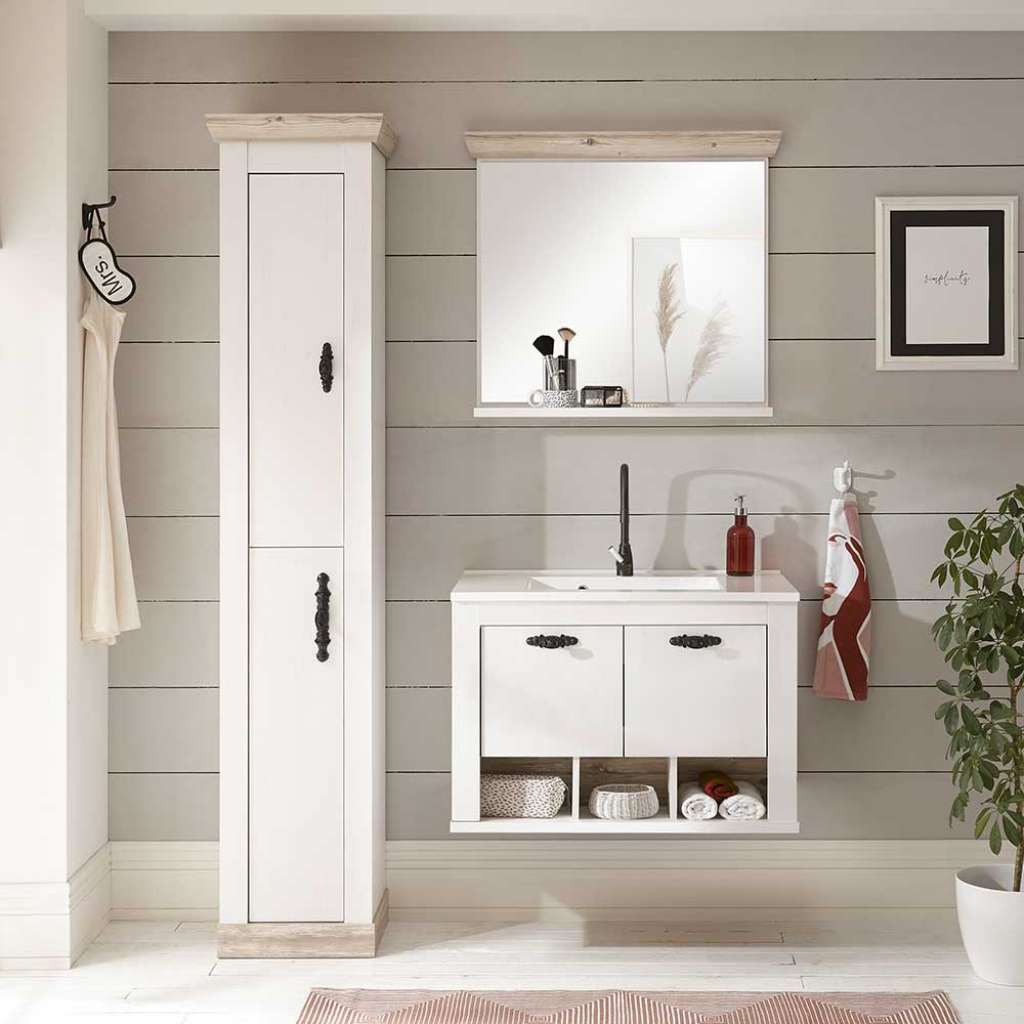 Badezimmer Set in Piniefarben und Weiß Waschbecken (dreiteilig)