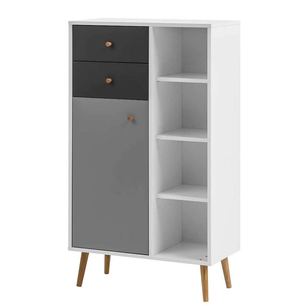 Bad Hochschrank in Grautönen und Eiche Soft Close