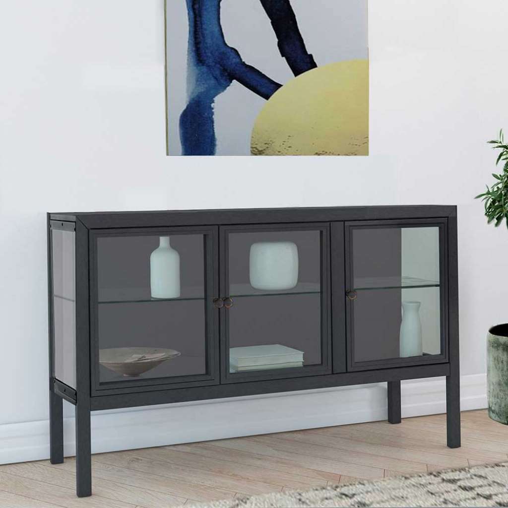 Metall Sideboard mit Glastüren Schwarz lackiert