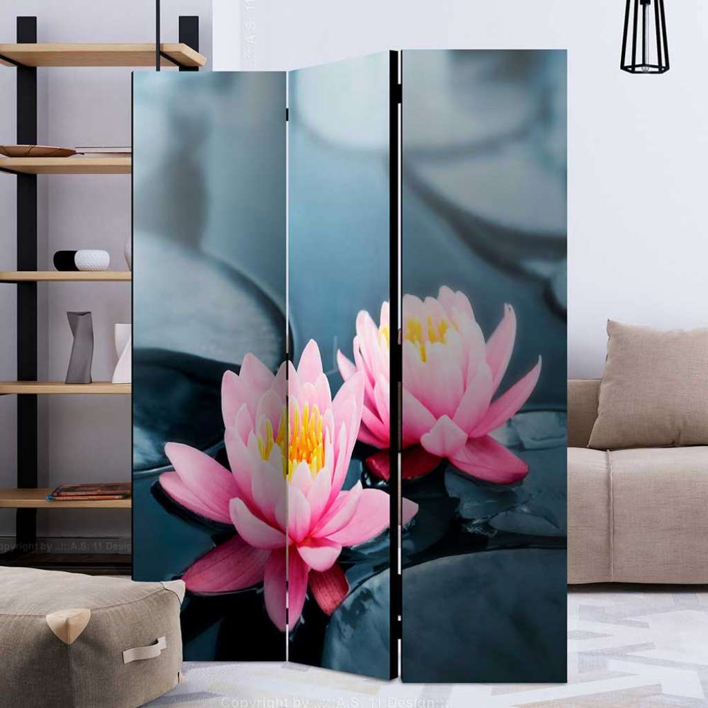 Fotomotiv Paravent mit Seerosen Grau und Rosa