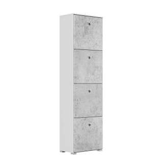 Schuhschrank schmal hoch in Beton Optik Grau und Weiß vier Schuhklappen