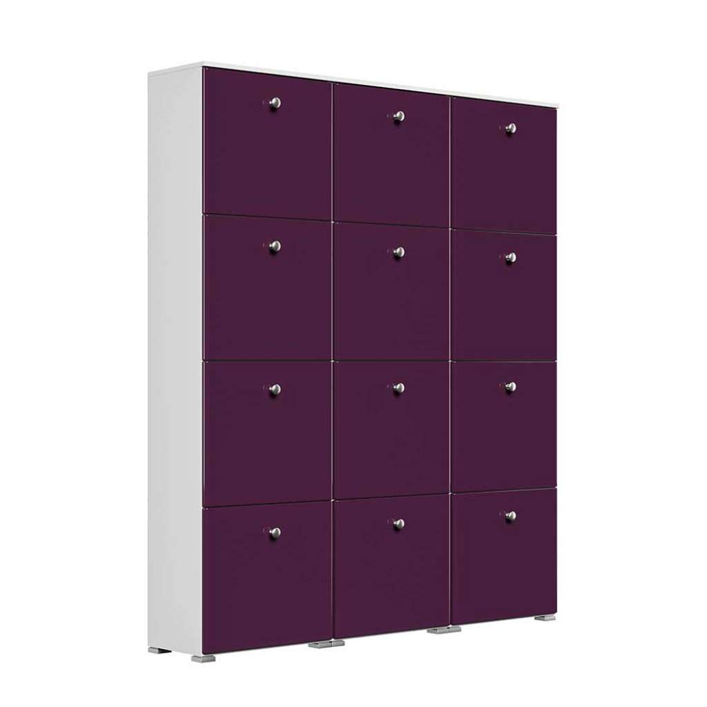 Großraum Schuhschrank in Violett Hochglanz & Weiß 12 Klappen mit Metallkörben