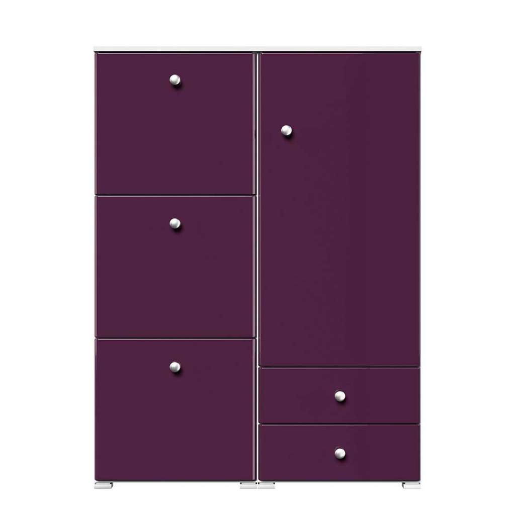 Hochglanzfront Schuhschrank in Violett & Weiß Schuhkörben aus Metall