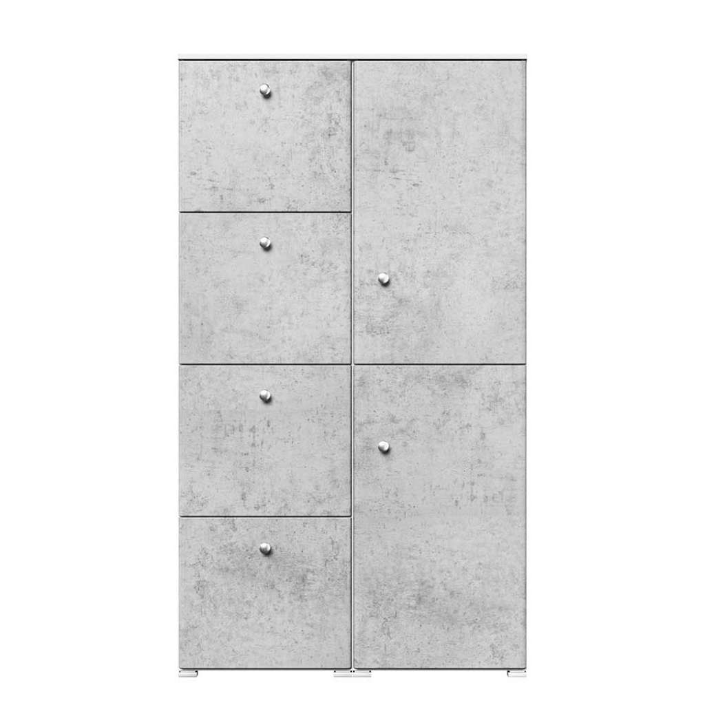 Hoher Schuhschrank in Beton Optik Grau und Weiß vier Klappen