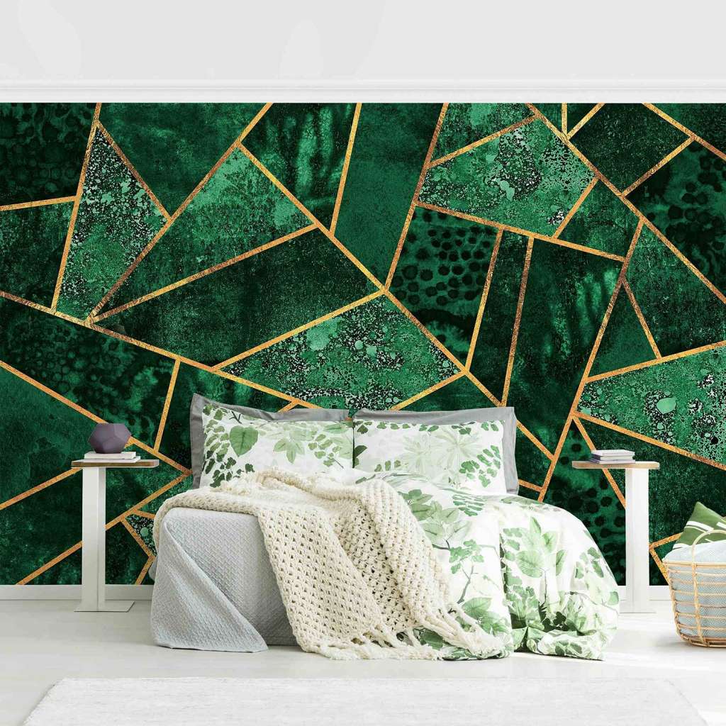 home24 Vliestapete Dunkler Smaragd mit Gold