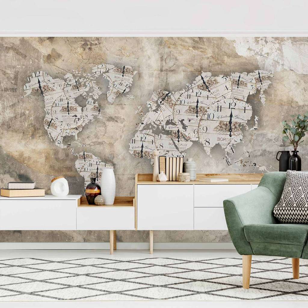 home24 Vliestapete Shabby Uhren Weltkarte