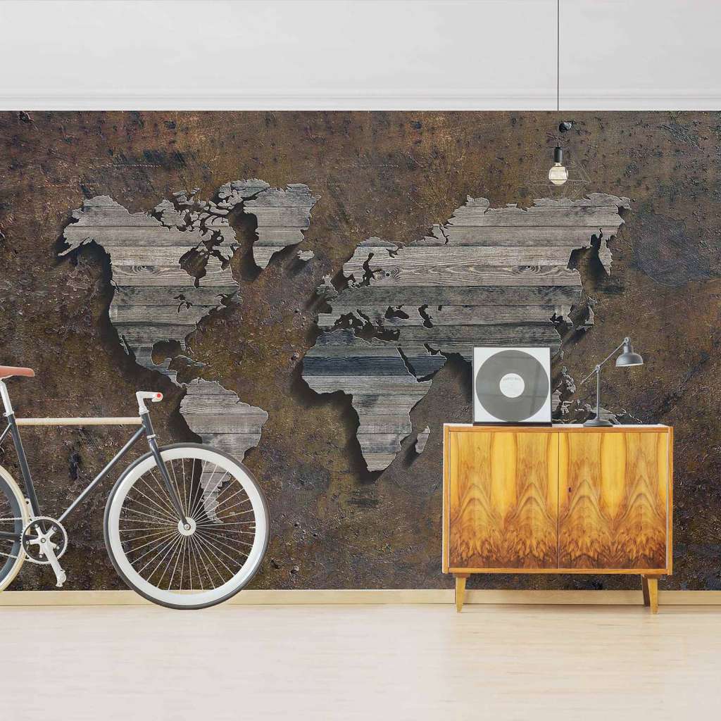 home24 Vliestapete Holz Rost Weltkarte
