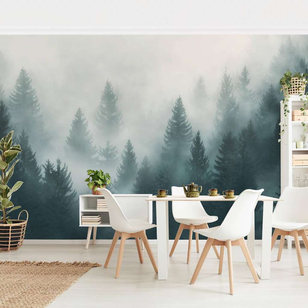 home24 Vliestapete Nadelwald im Nebel