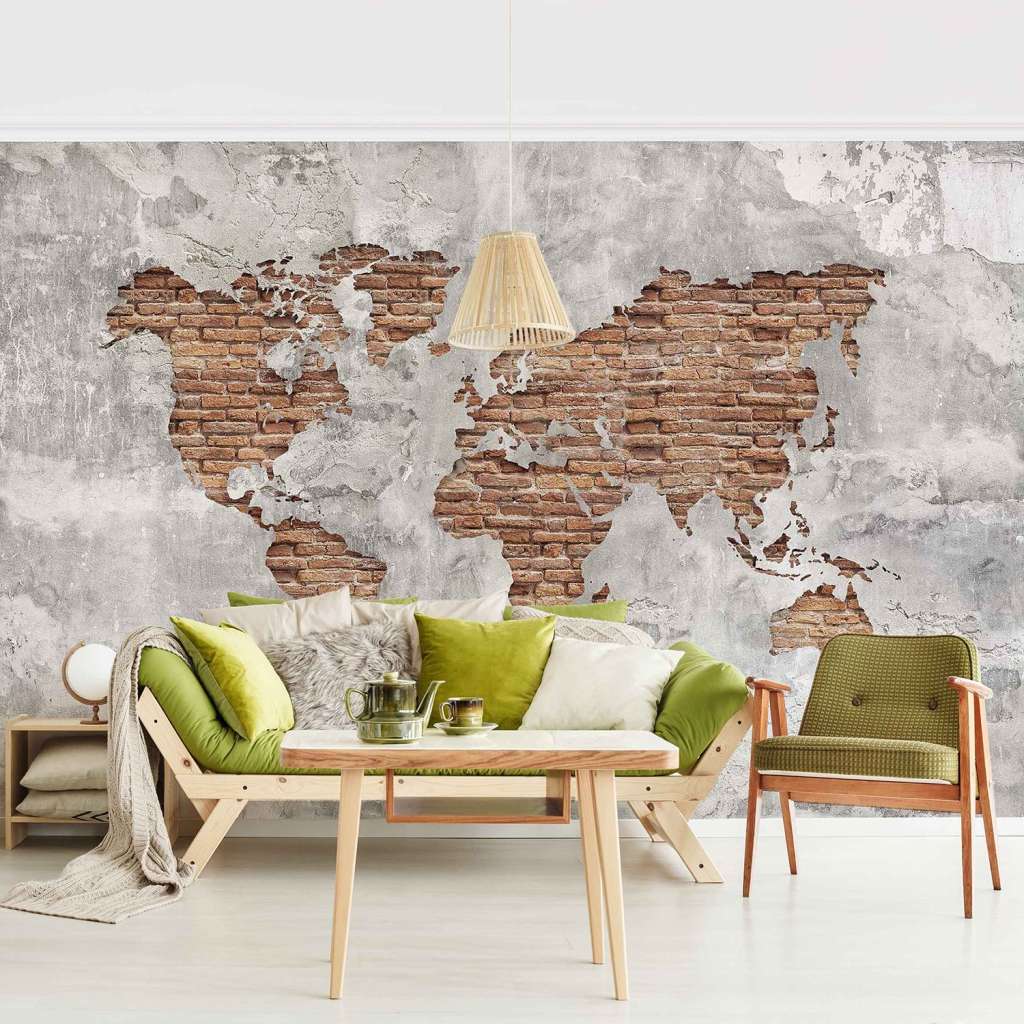 home24 Vliestapete Shabby Beton Weltkarte