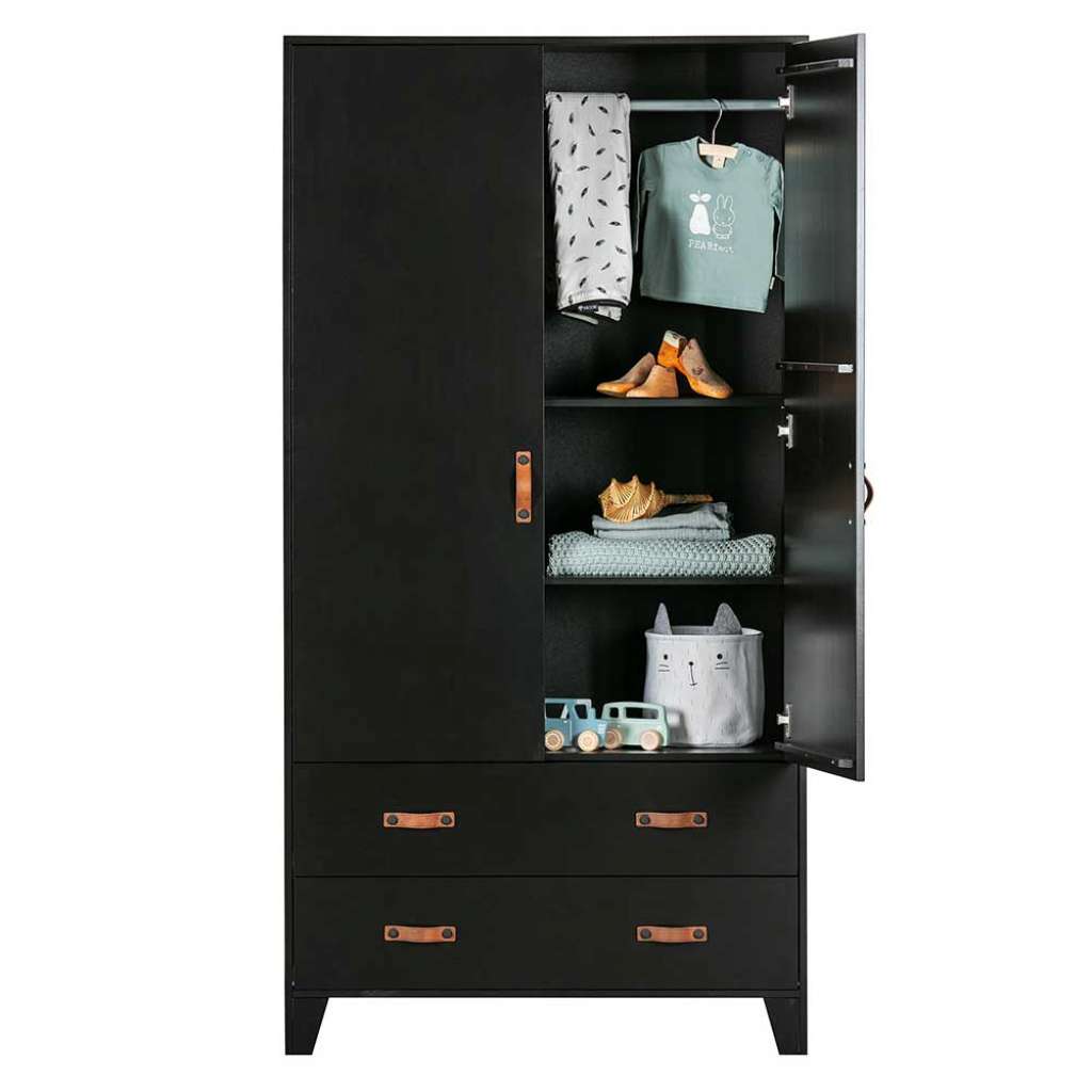 Kinder Kleiderschrank in Schwarz lackiert zwei Schubladen