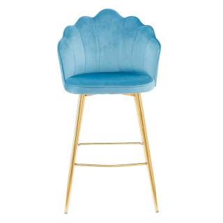 Barhocker Muschelform Bezug Samt Blau Vierfußgestell aus Metall (2er Set)