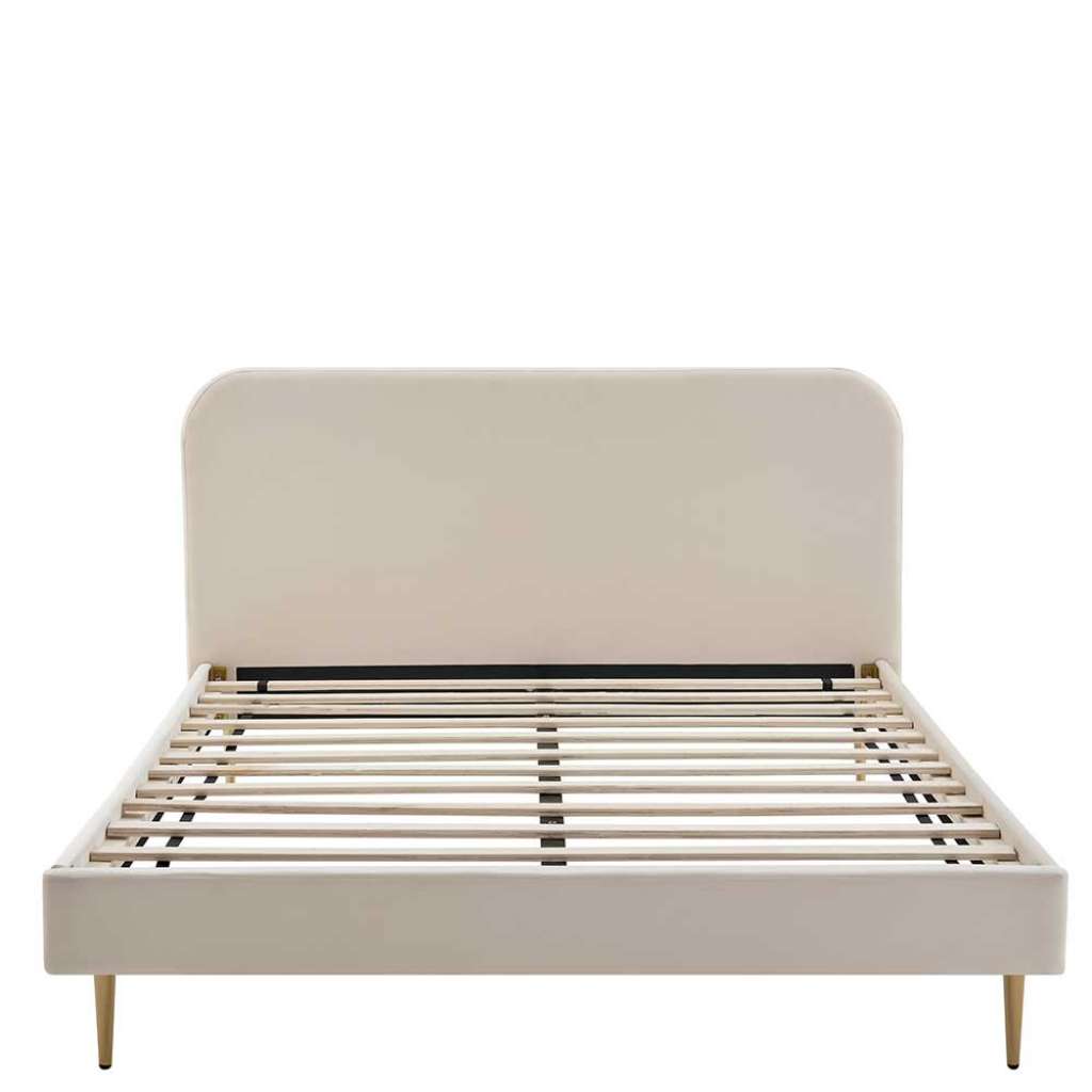 Samt Bett in Beige Vierfußgestell aus Metall Goldfarben