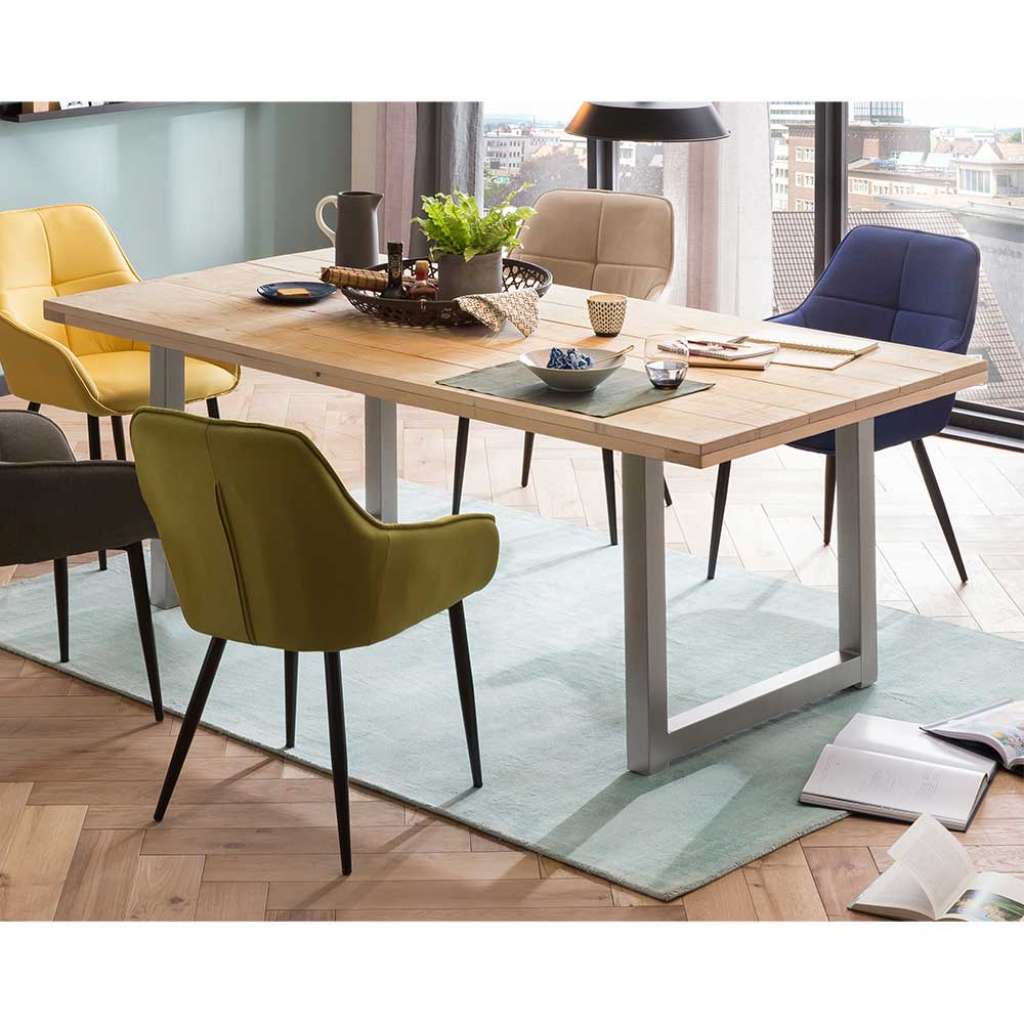 Gerüstholz Tisch mit Metall Bügelgestell Antiksilber modernem Design