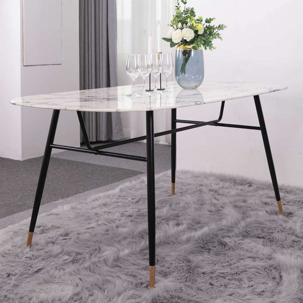 Retro Esszimmertisch Marmoroptik Glasplatte Metallgestell
