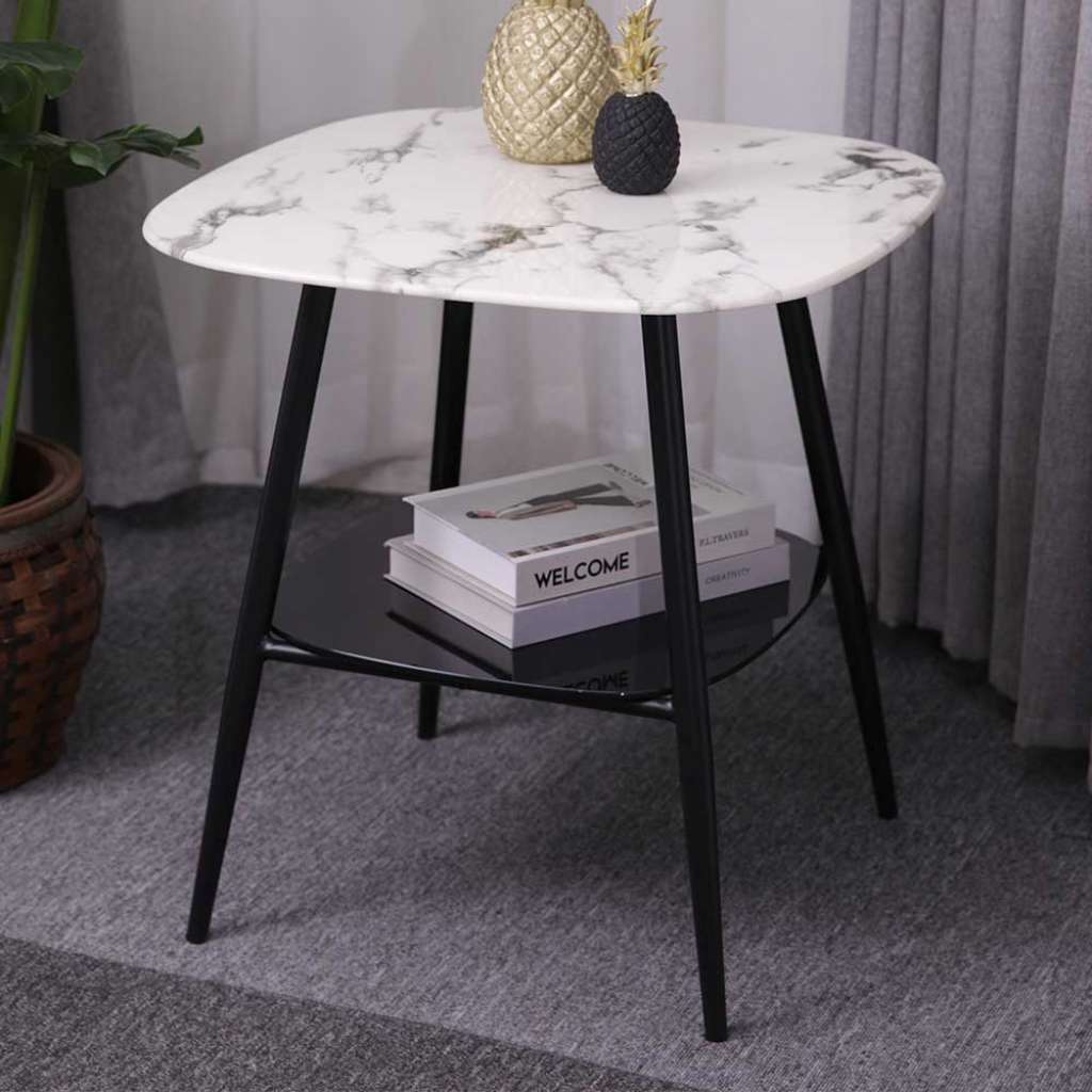 Retro Beistelltisch Glasplatten Marmoroptik und Schwarz
