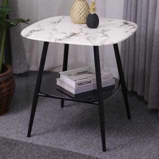 Retro Beistelltisch Glasplatten Marmoroptik und Schwarz
