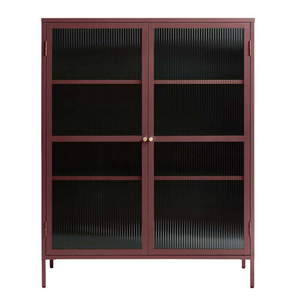 Vitrine in Dunkelrot Metall und Rippenglas