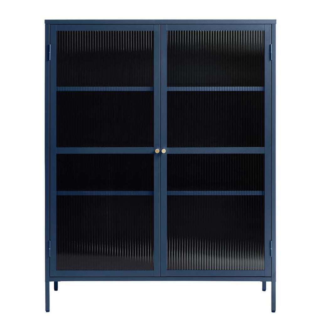 Vitrinenschrank aus Rippenglas und Metall Blau