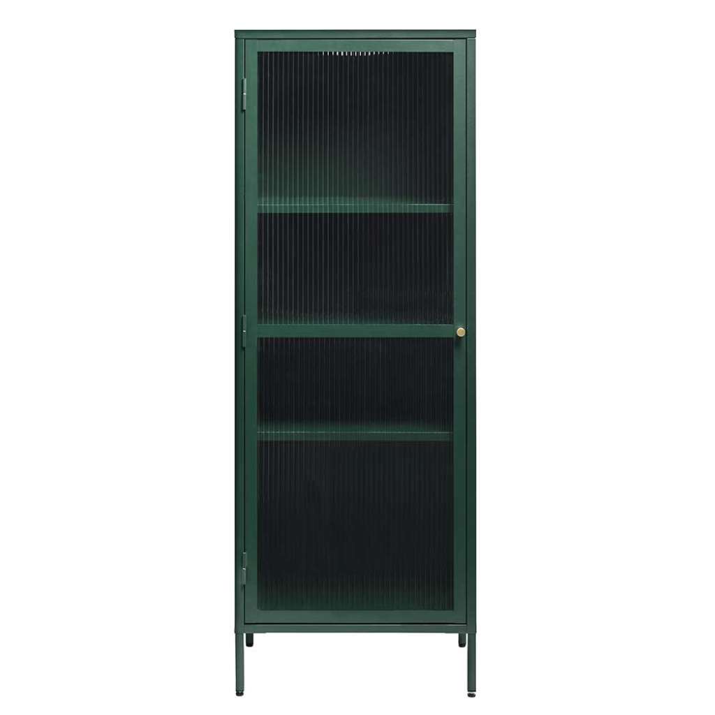 Esszimmervitrinenschrank in Dunkelgrün geripptem Glas & Metall
